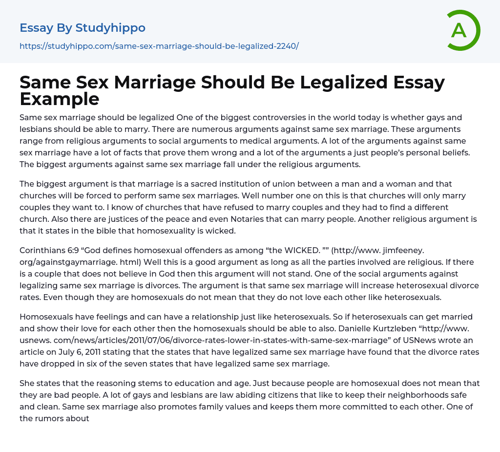 Same Sex Marriage Should Be Legalized Essay Example