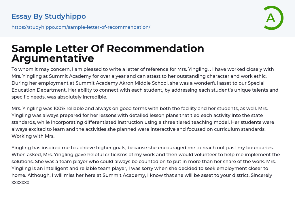 Sample Letter Of Recommendation Argumentative Essay Example