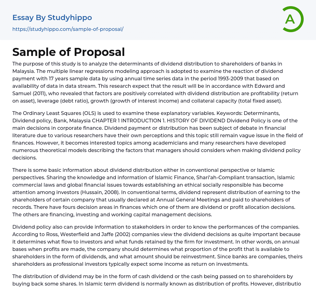 Sample of Proposal Essay Example