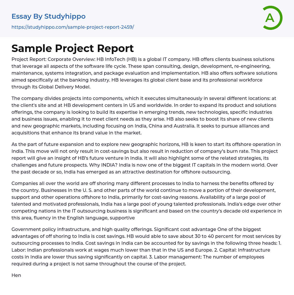 Sample Project Report Essay Example