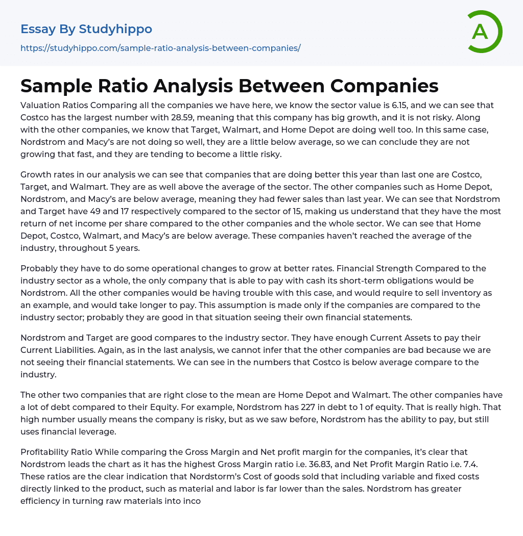 Sample Ratio Analysis Between Companies Essay Example