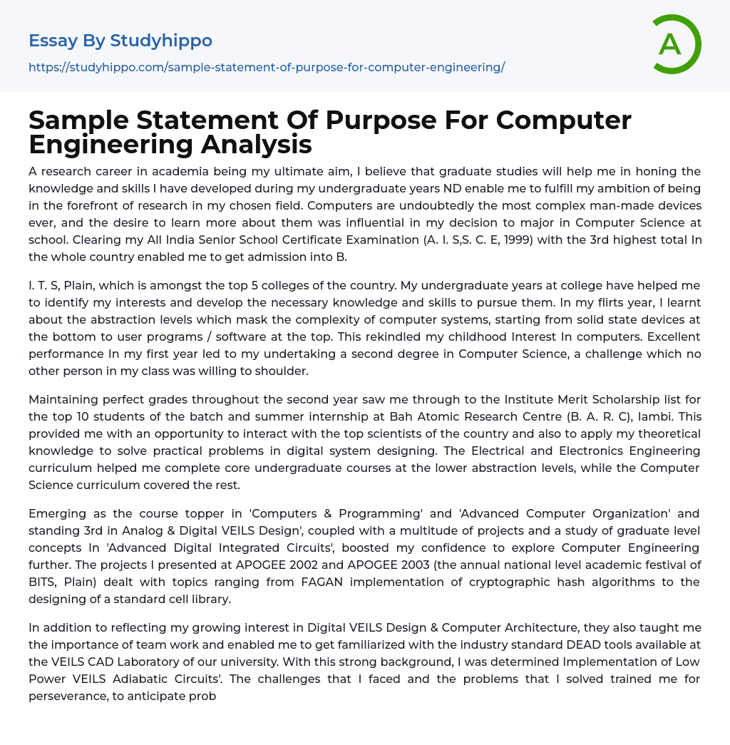 Sample Statement Of Purpose For Computer Engineering Analysis Essay Example