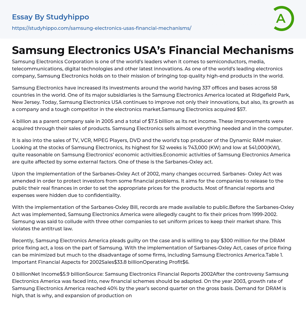Samsung Electronics USA’s Financial Mechanisms Essay Example