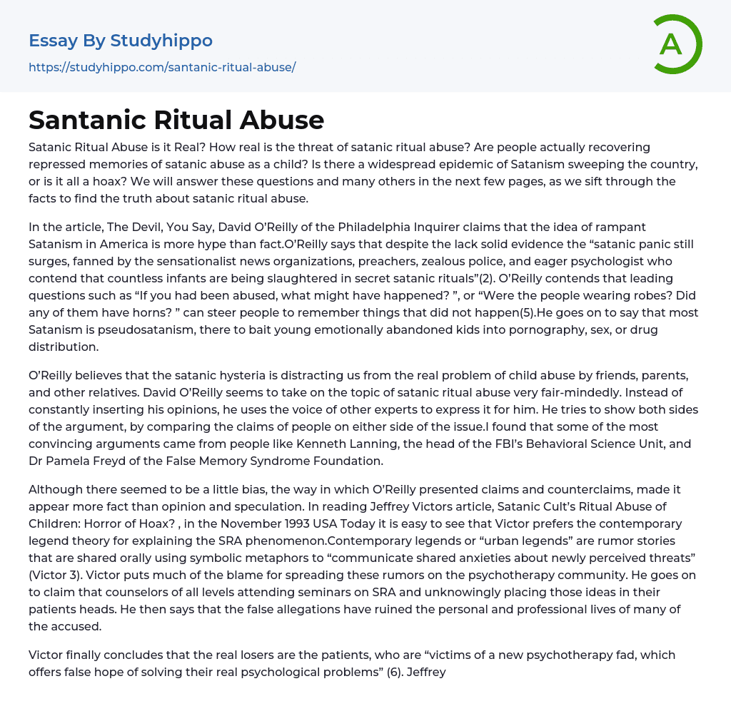 Santanic Ritual Abuse Essay Example