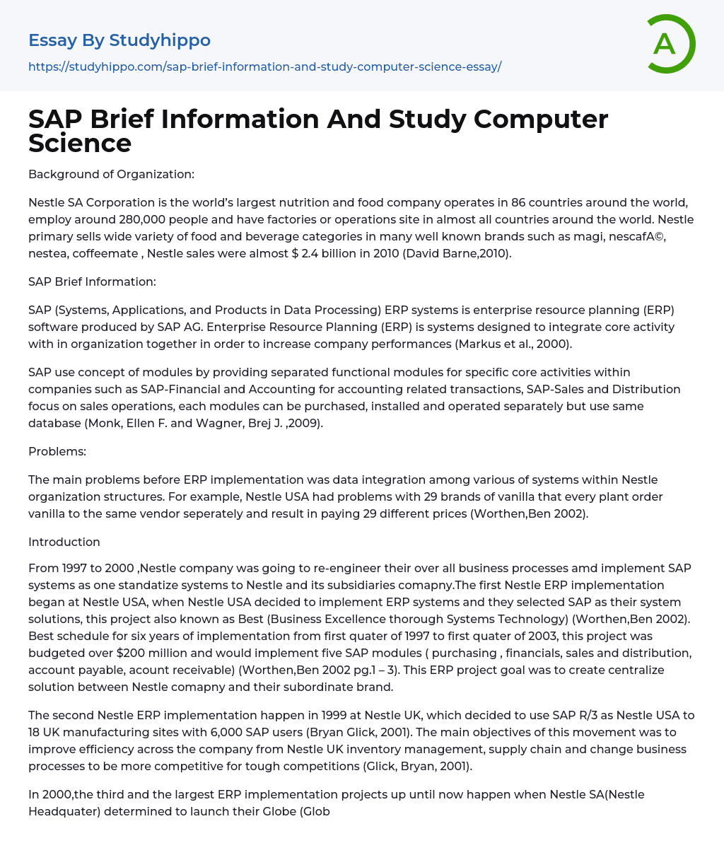 SAP Brief Information And Study Computer Science Essay Example