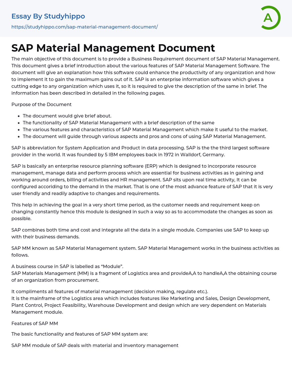 SAP Material Management Document Essay Example