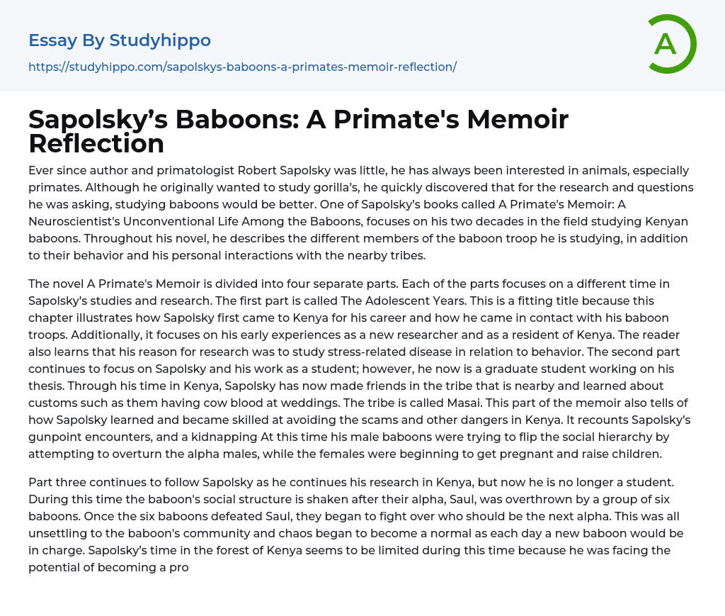 Sapolsky’s Baboons: A Primate’s Memoir Reflection Essay Example