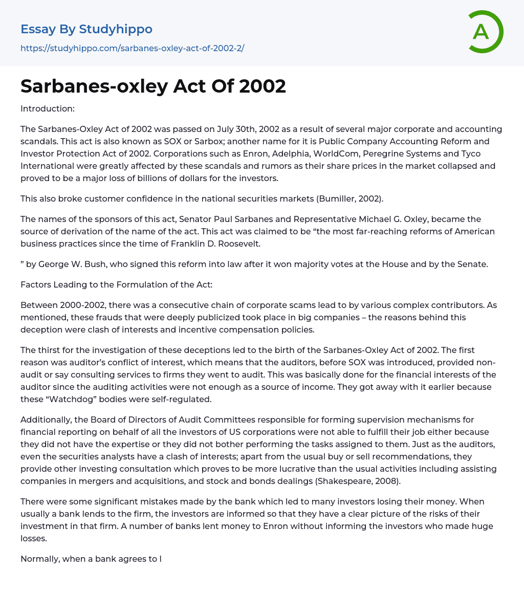Sarbanes-oxley Act Of 2002 Essay Example