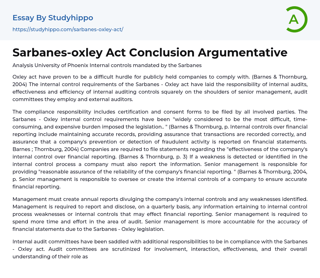 Sarbanes-oxley Act Conclusion Argumentative Essay Example