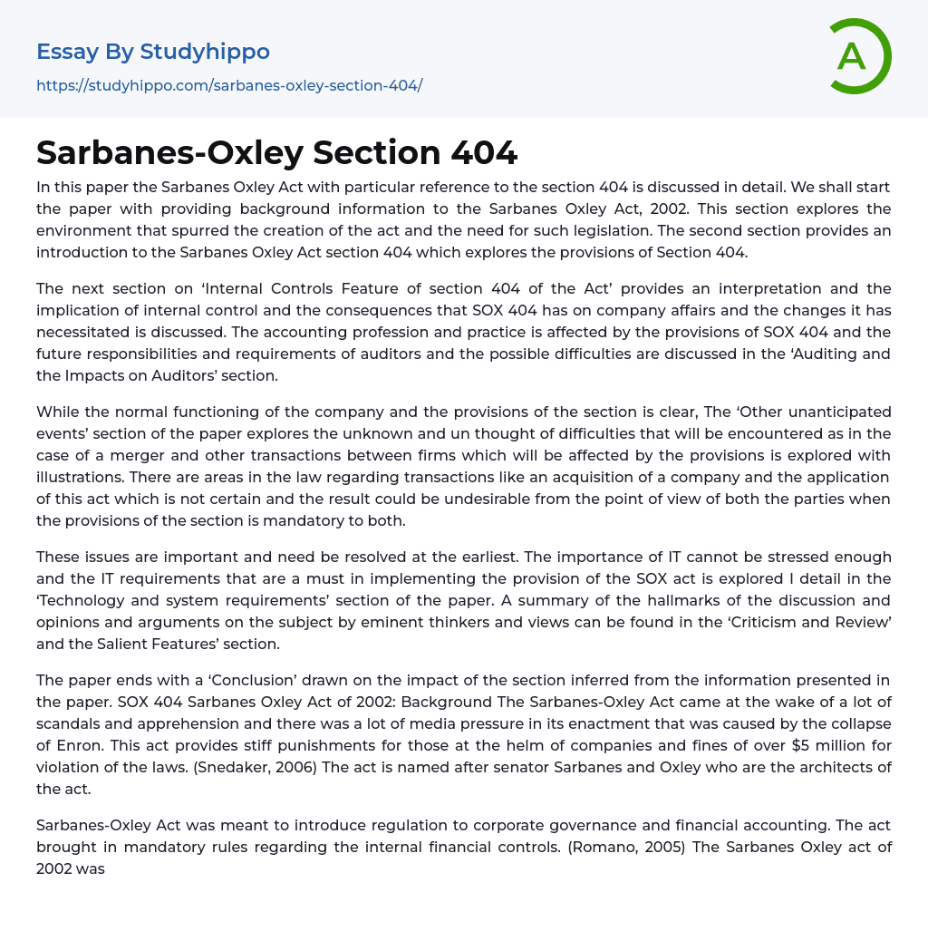 Sarbanes-Oxley Section 404 Essay Example