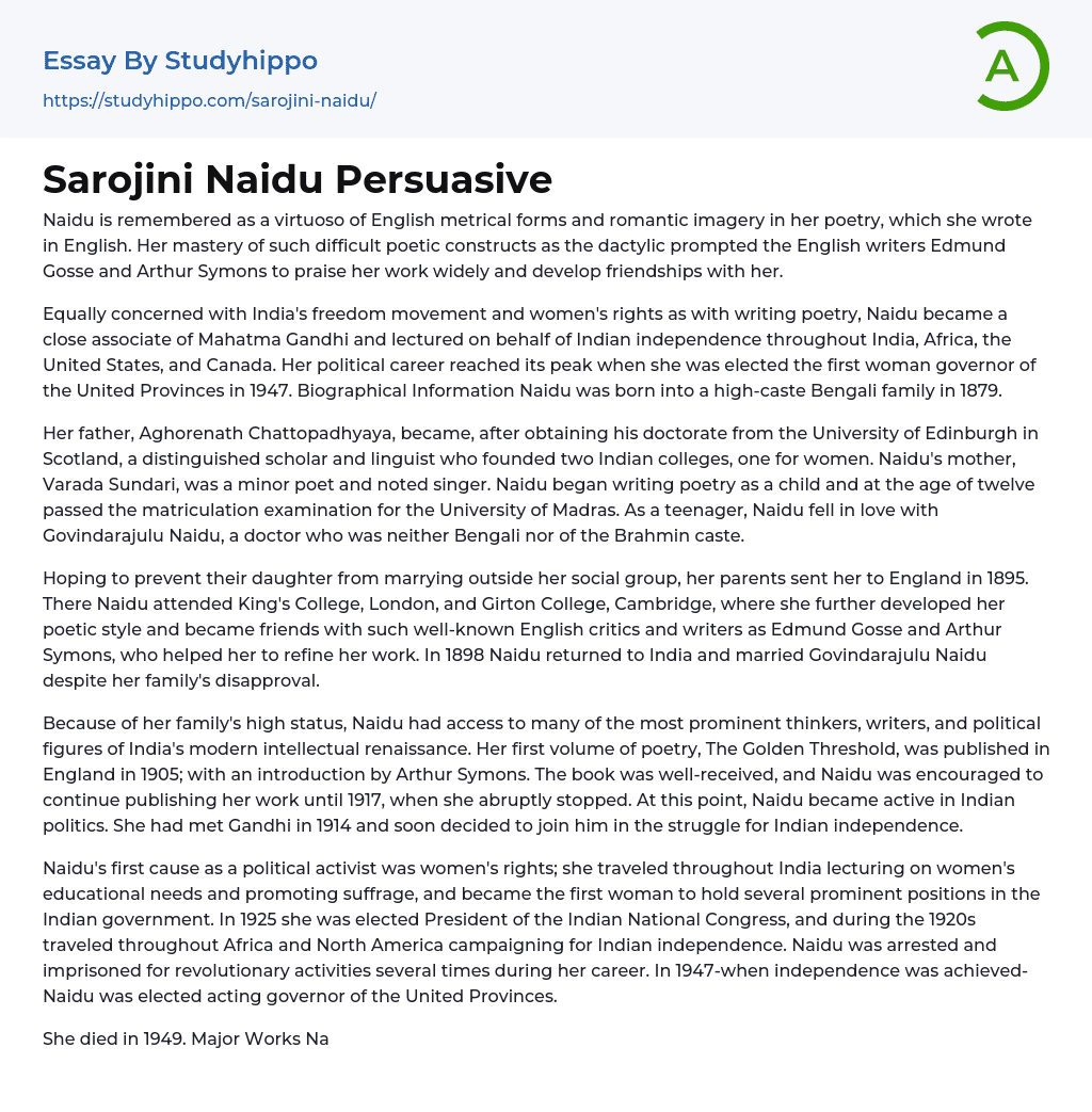 essay on sarojini naidu in 150 words
