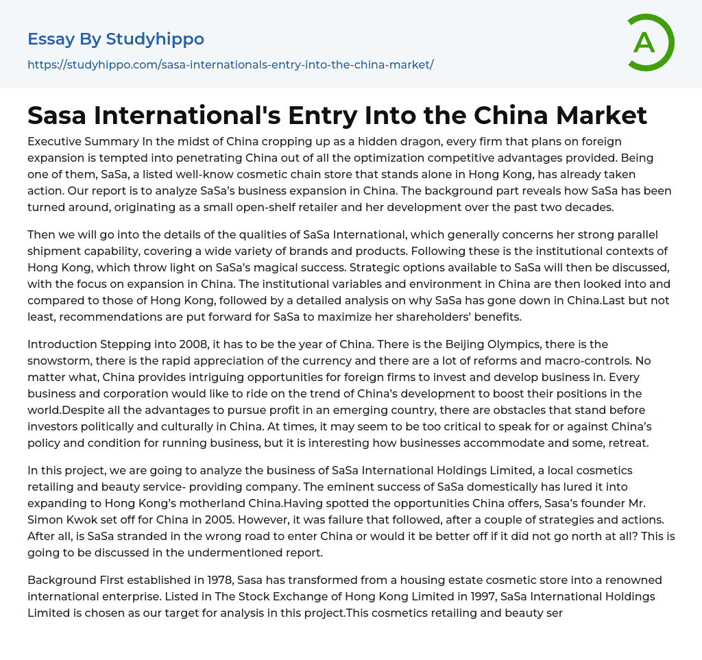 Sasa International’s Entry Into the China Market Essay Example
