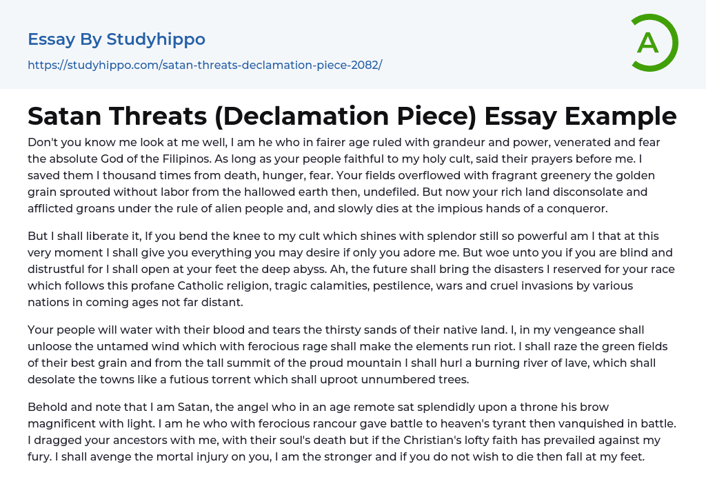 Satan Threats (Declamation Piece) Essay Example