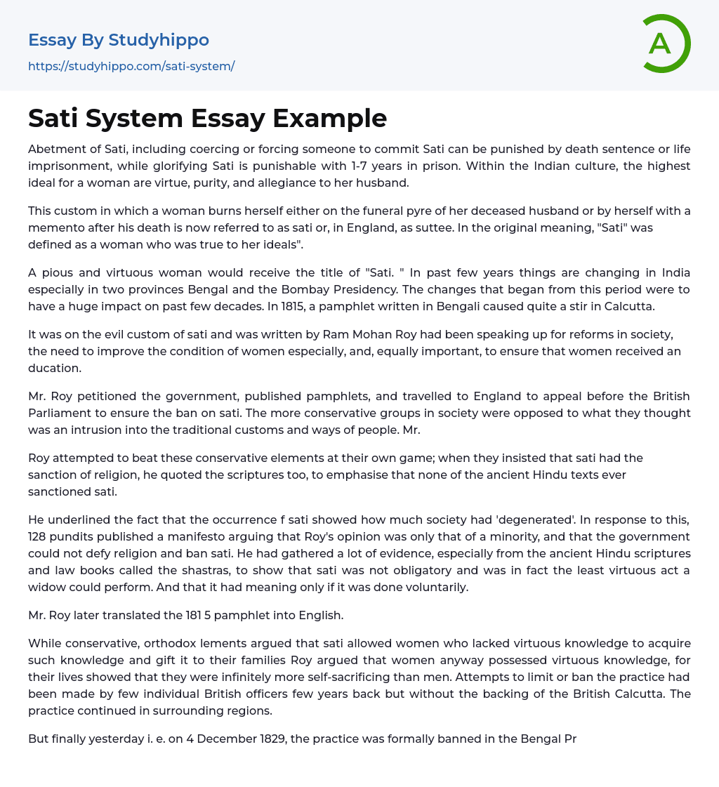 Sati System Essay Example
