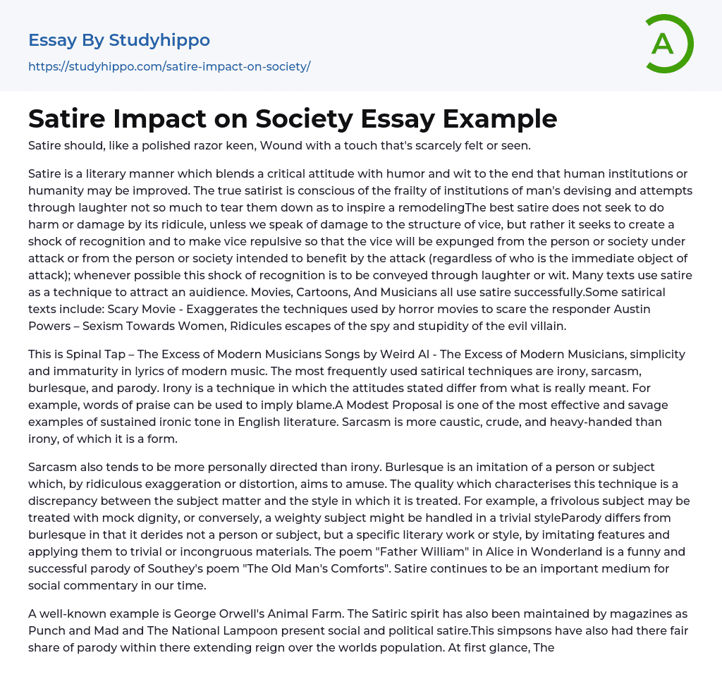 Satire Impact on Society Essay Example
