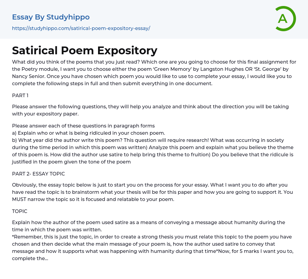 Satirical Poem Expository Essay Example