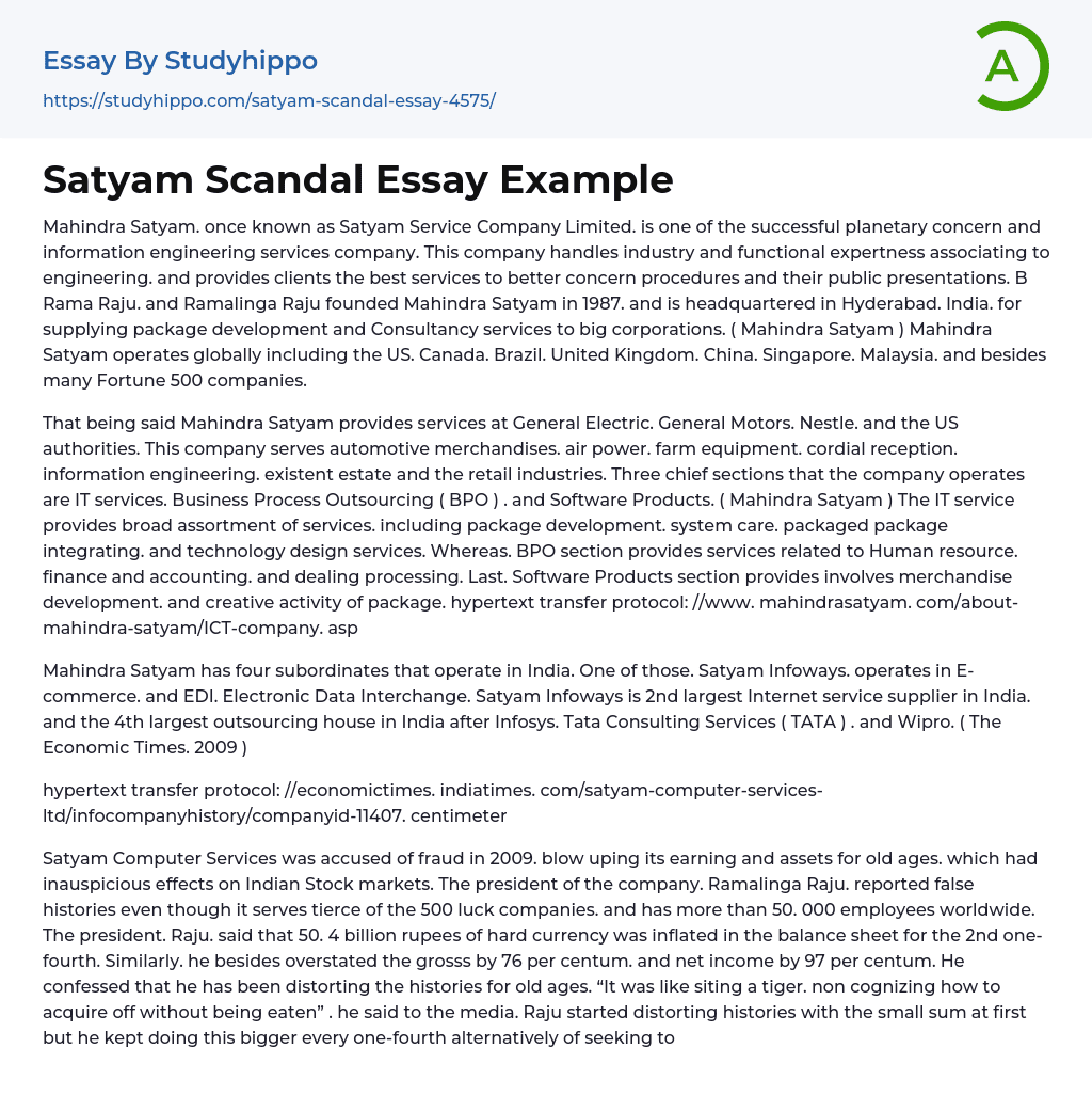 Satyam Scandal Essay Example
