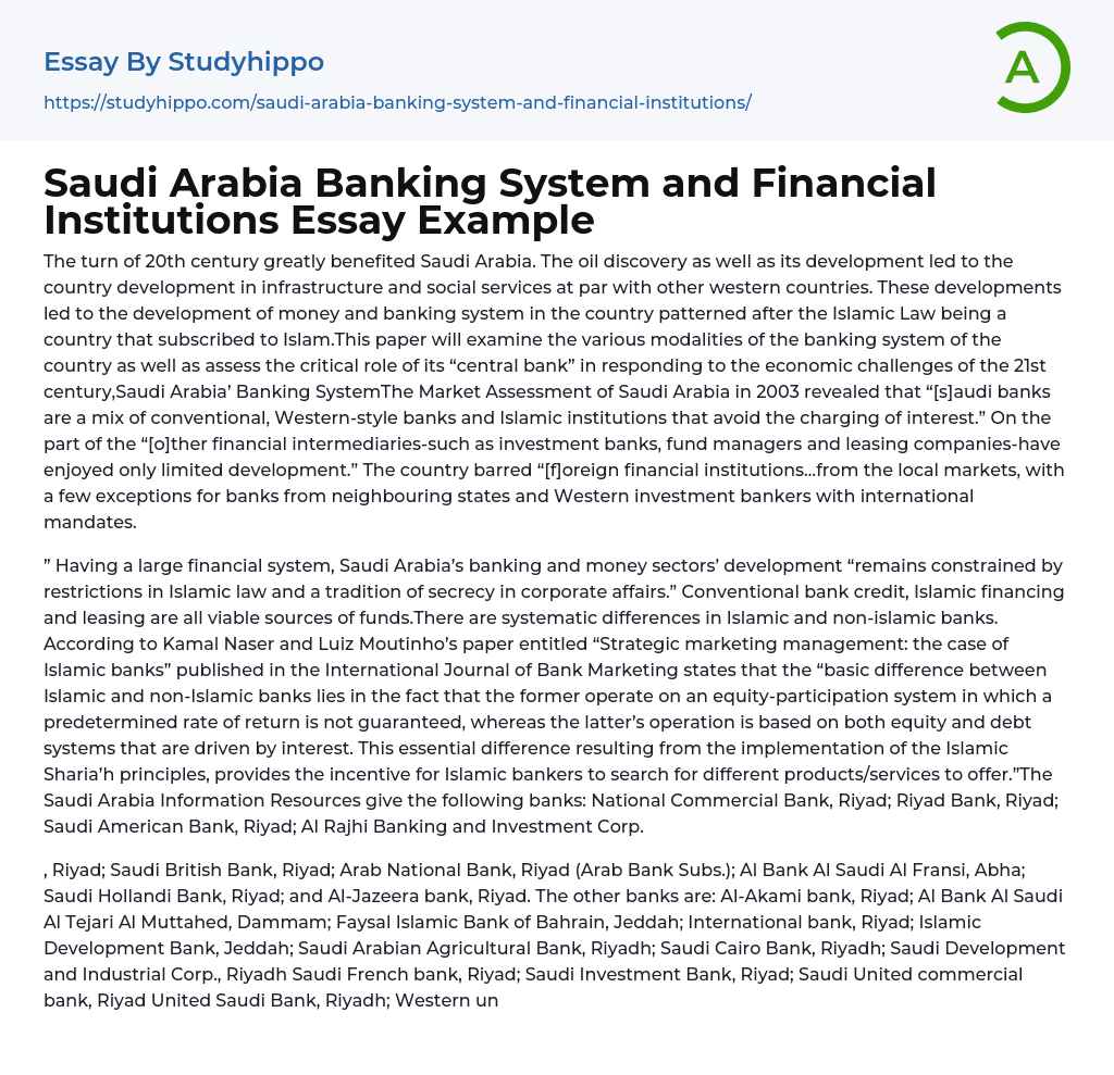 Saudi Arabia Banking System and Financial Institutions Essay Example