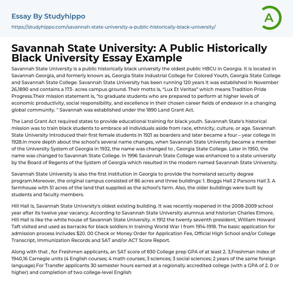 Savannah State University: A Public Historically Black University Essay Example