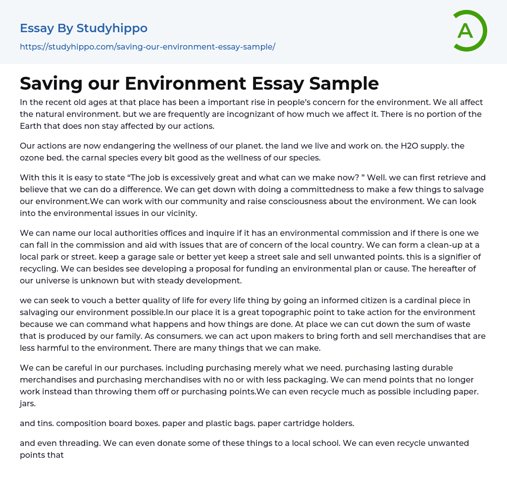 Saving our Environment Essay Sample