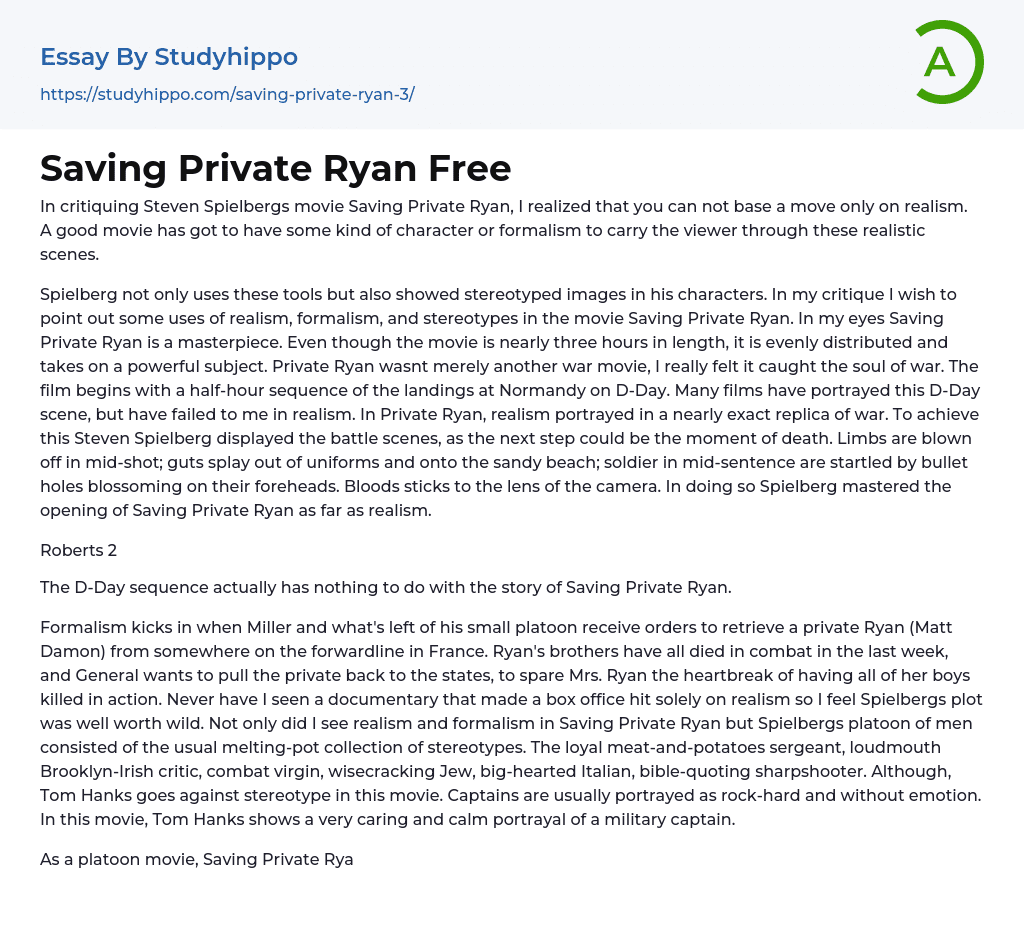 Saving Private Ryan Free Essay Example