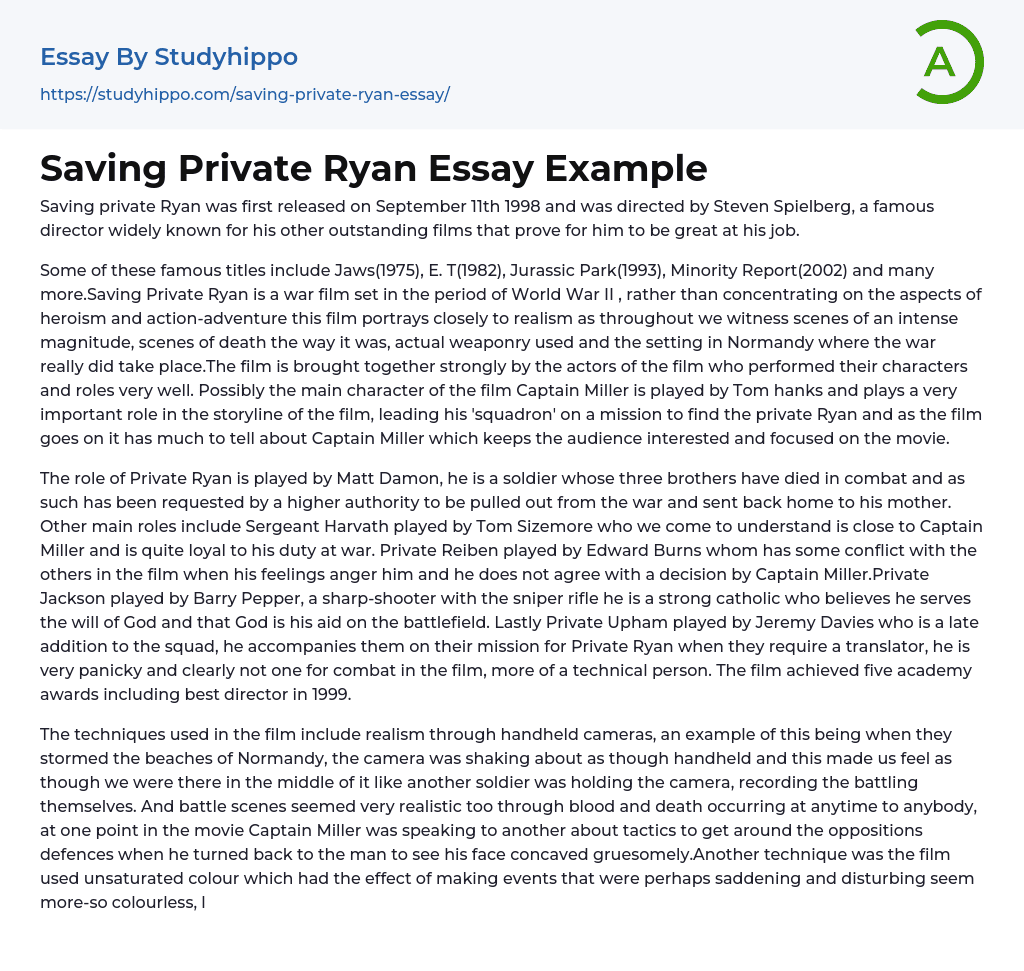 Saving Private Ryan Essay Example