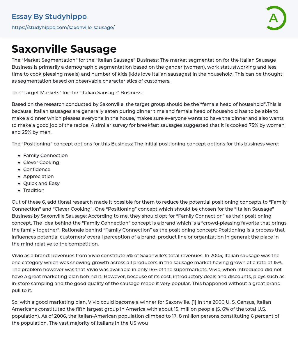 Saxonville Sausage Essay Example