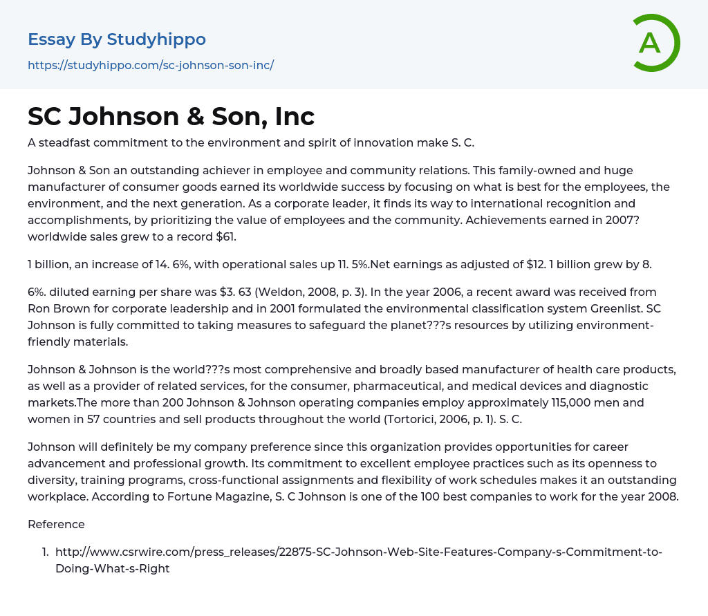 SC Johnson & Son, Inc Essay Example