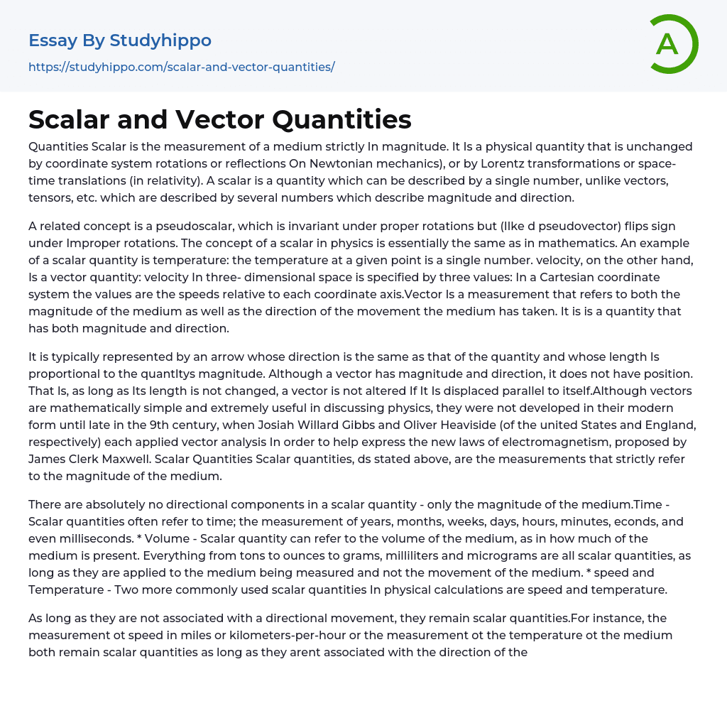 Scalar and Vector Quantities Essay Example
