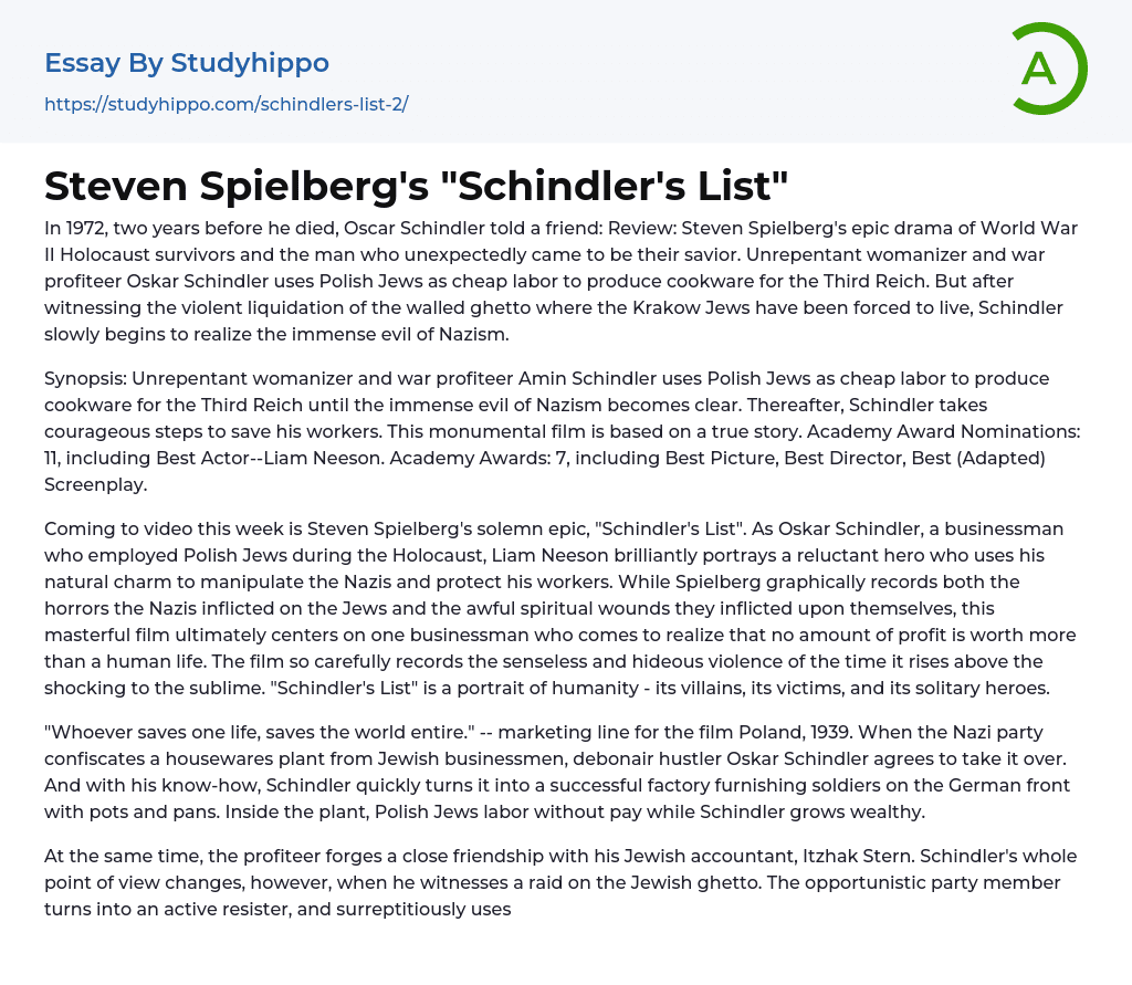 Steven Spielberg’s “Schindler’s List” Essay Example