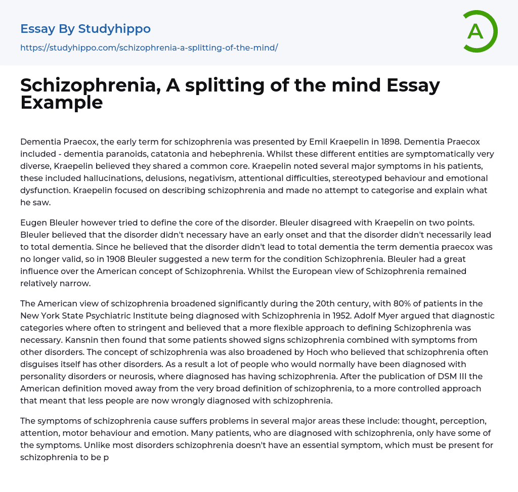 Schizophrenia, A splitting of the mind Essay Example