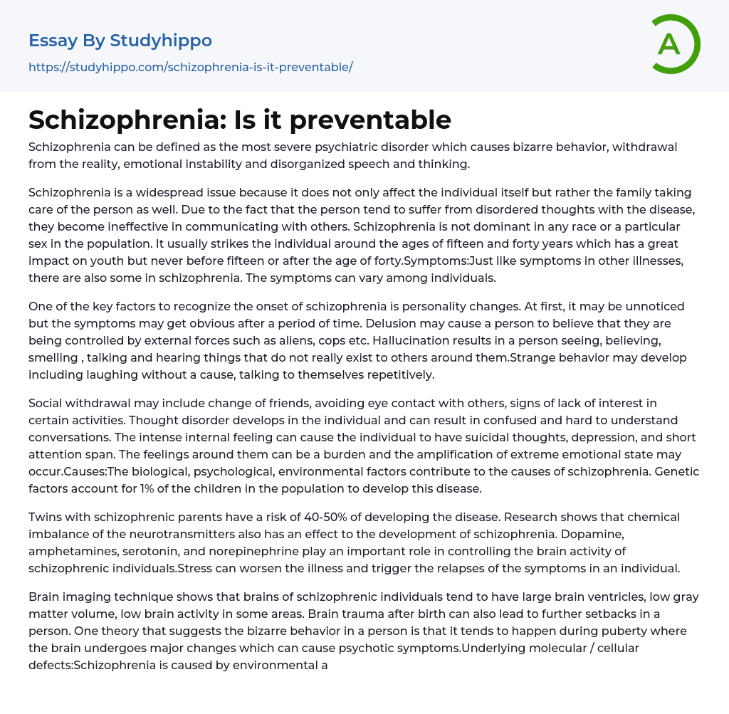 Schizophrenia: Is it preventable Essay Example