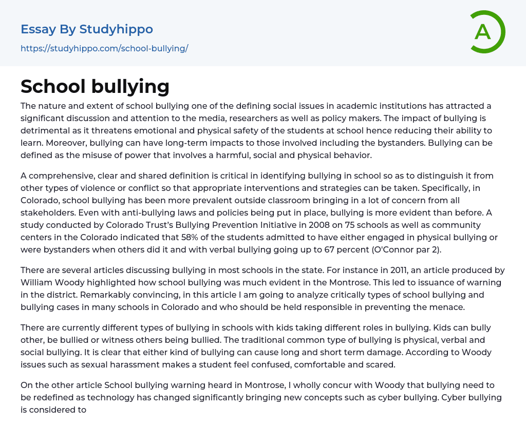 School bullying Essay Example