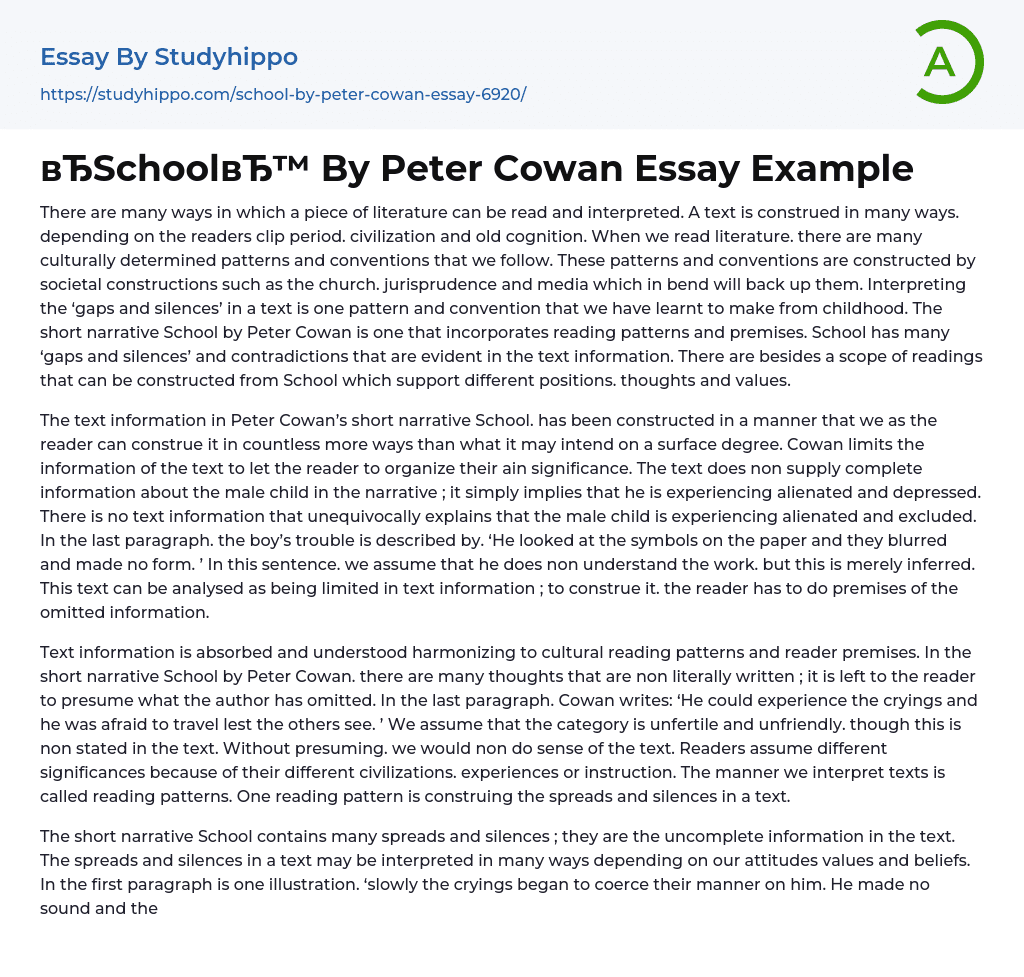 “School By Peter Cowan Essay Example
