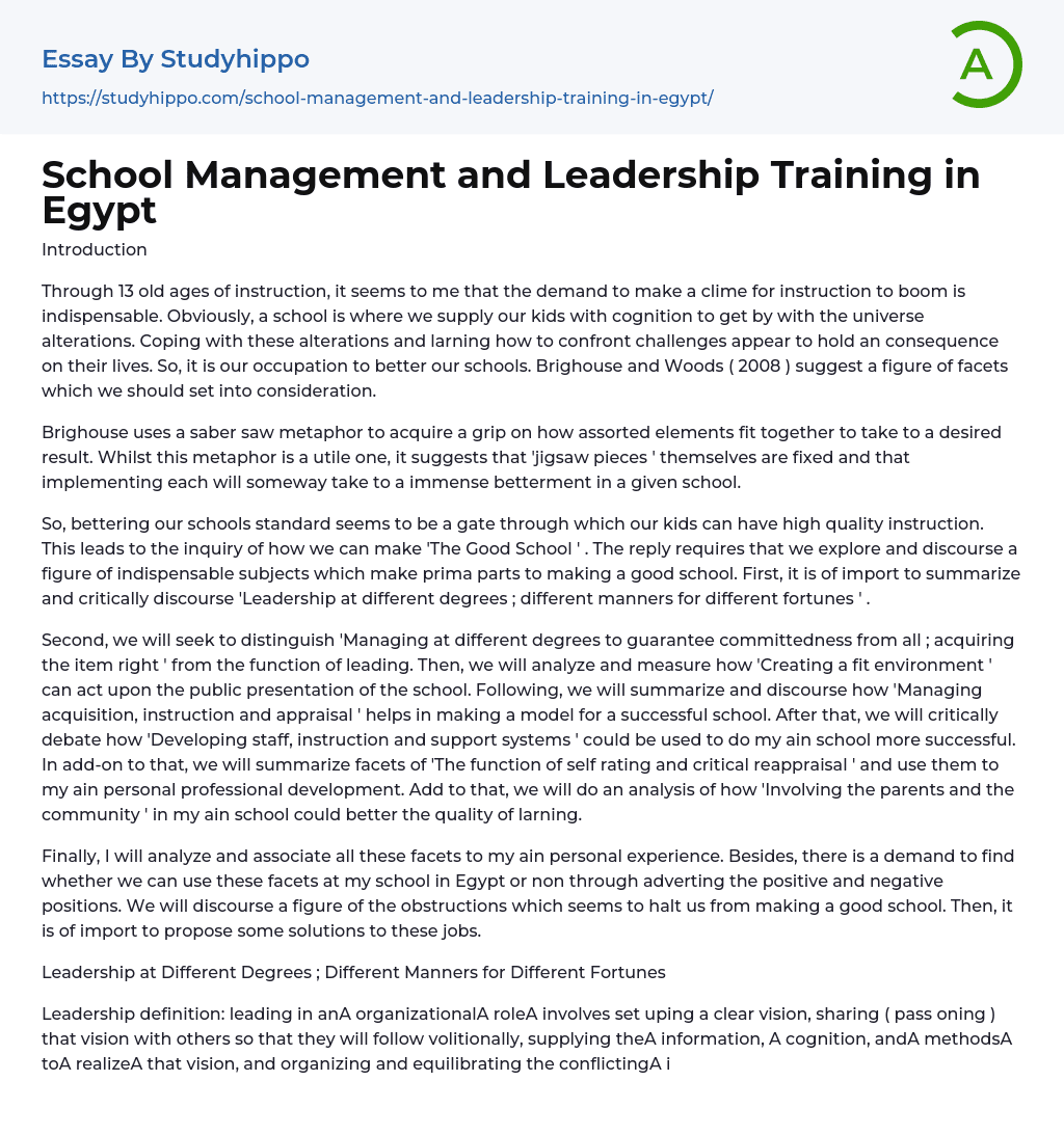 School Management and Leadership Training in Egypt Essay Example