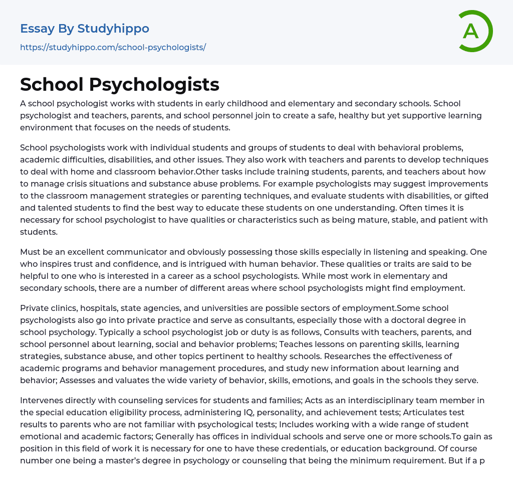 School Psychologists Essay Example