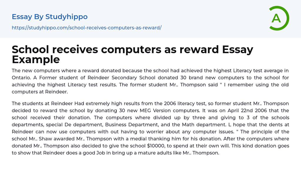 School receives computers as reward Essay Example