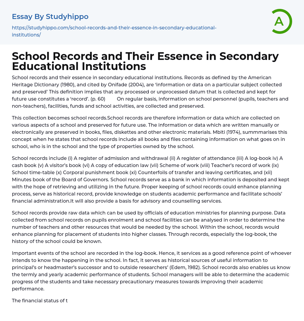 School Records and Their Essence in Secondary Educational Institutions Essay Example