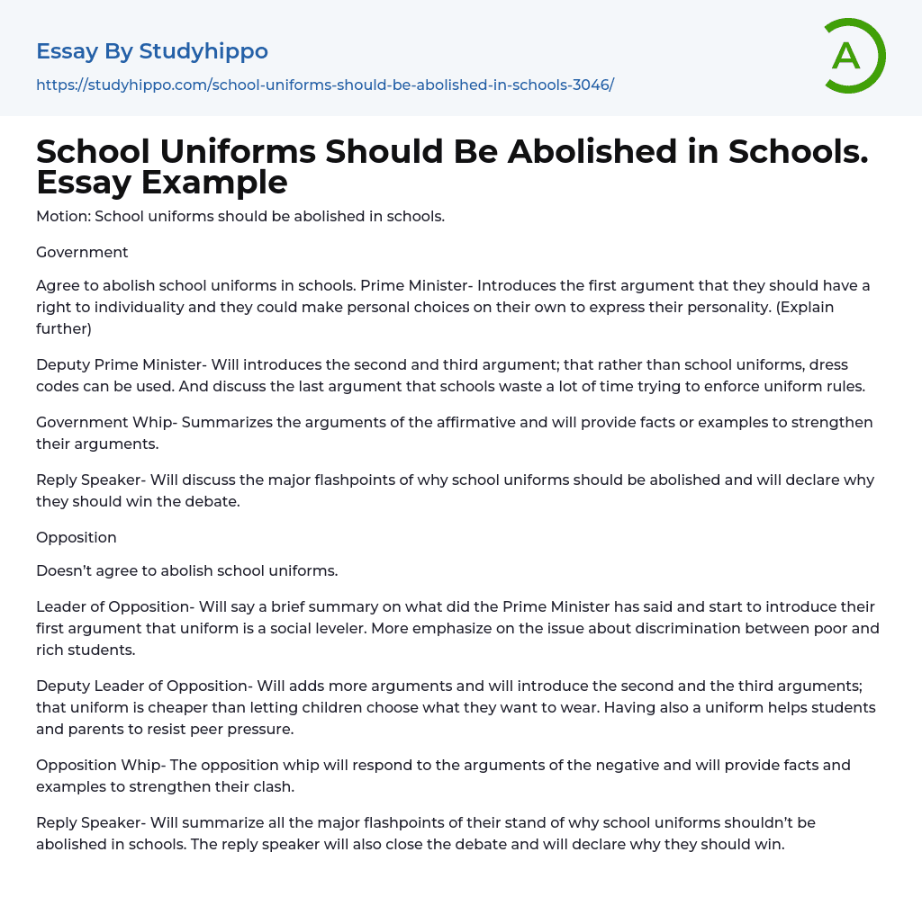 School Uniforms Should Be Abolished in Schools. Essay Example