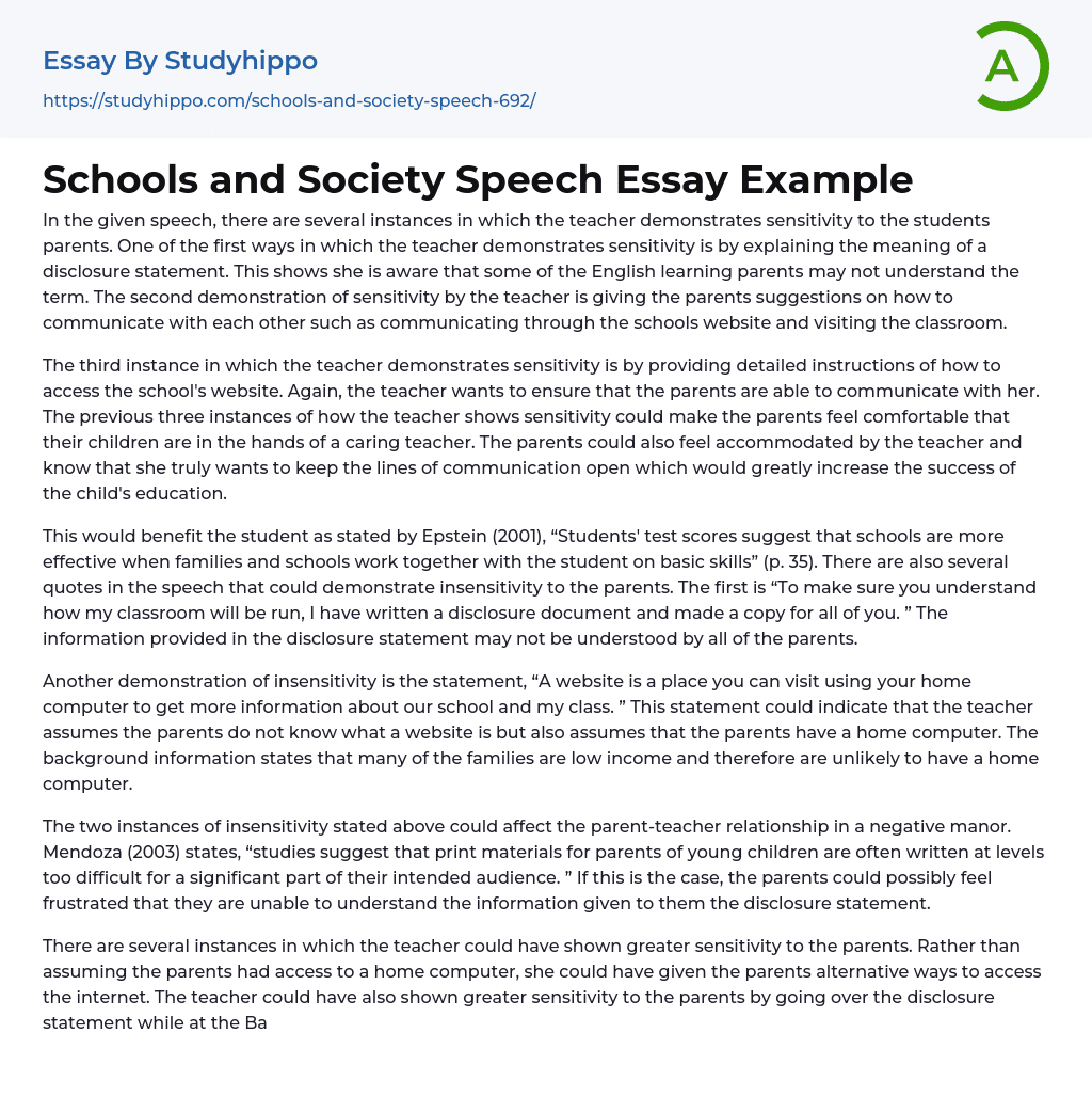 Schools and Society Speech Essay Example