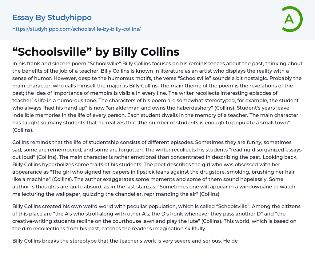 “Schoolsville” by Billy Collins Essay Example