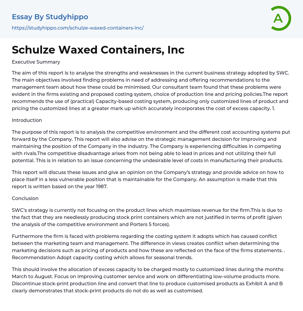 Schulze Waxed Containers, Inc Essay Example