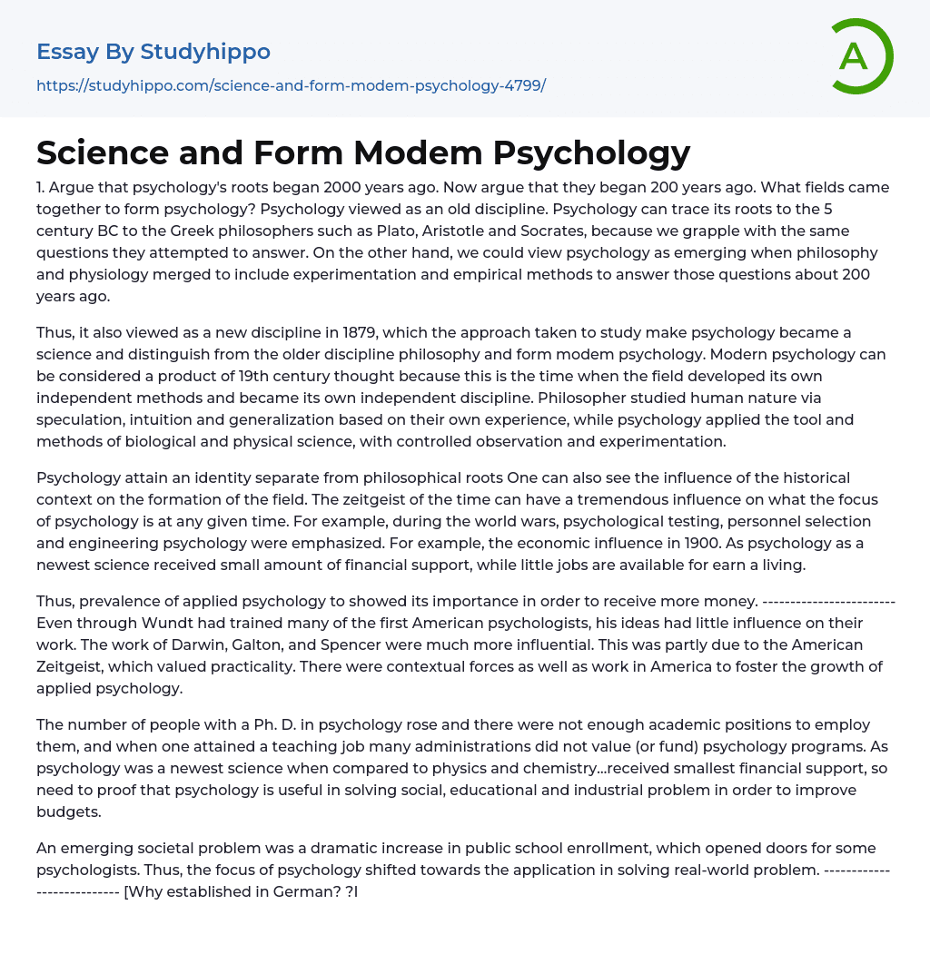 Science and Form Modem Psychology Essay Example