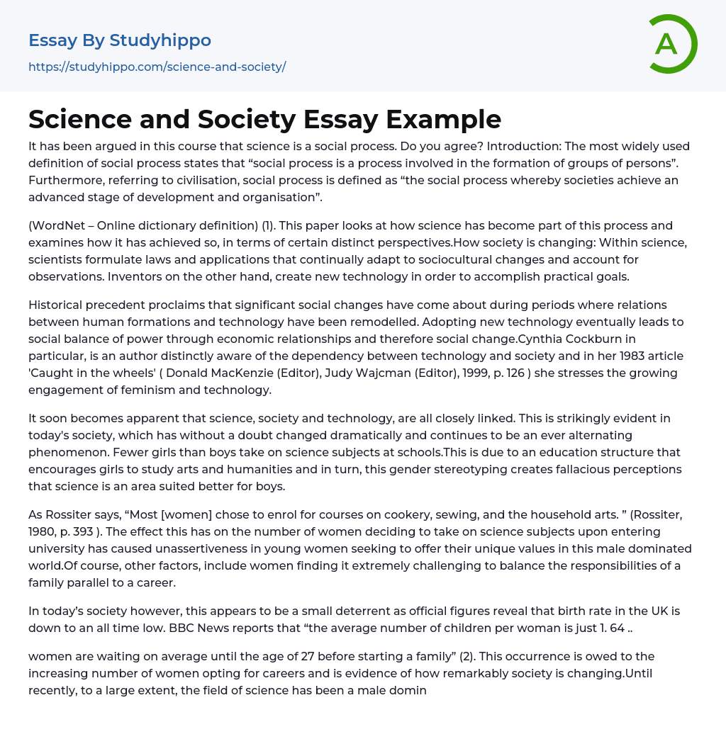 Science and Society Essay Example