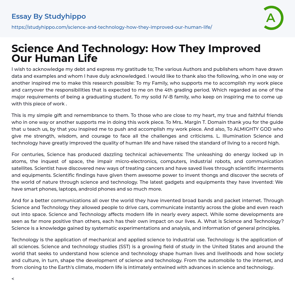 Science And Technology: How They Improved Our Human Life Essay Example
