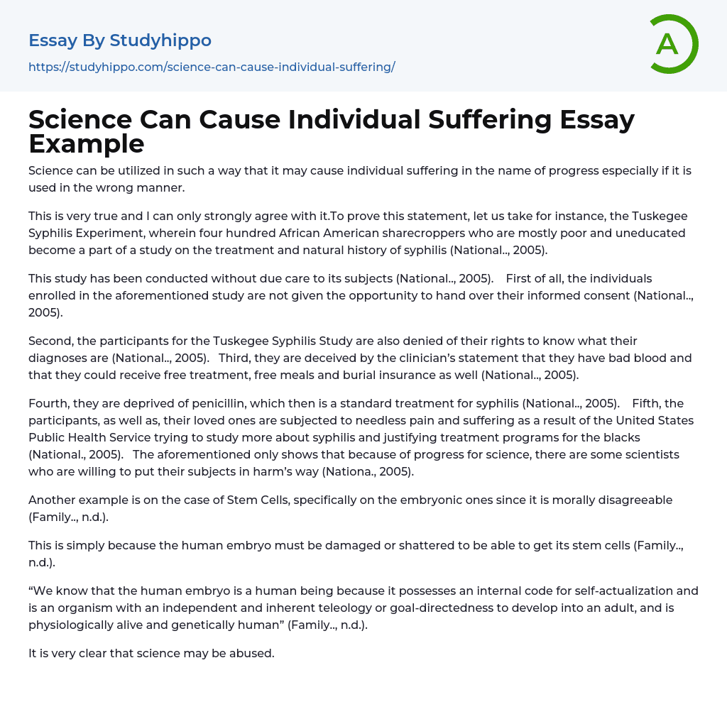 Science Can Cause Individual Suffering Essay Example