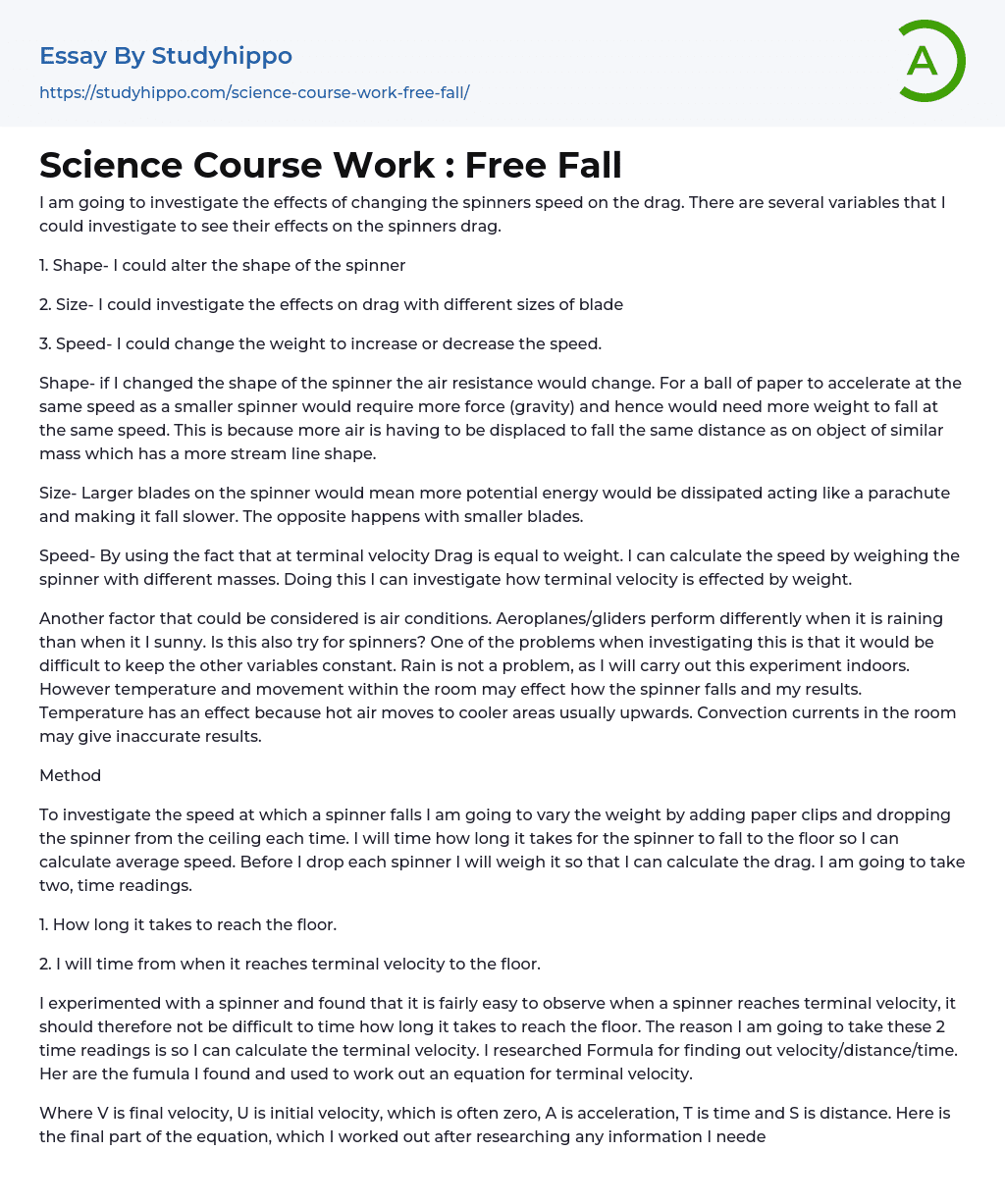 Science Course Work : Free Fall Essay Example