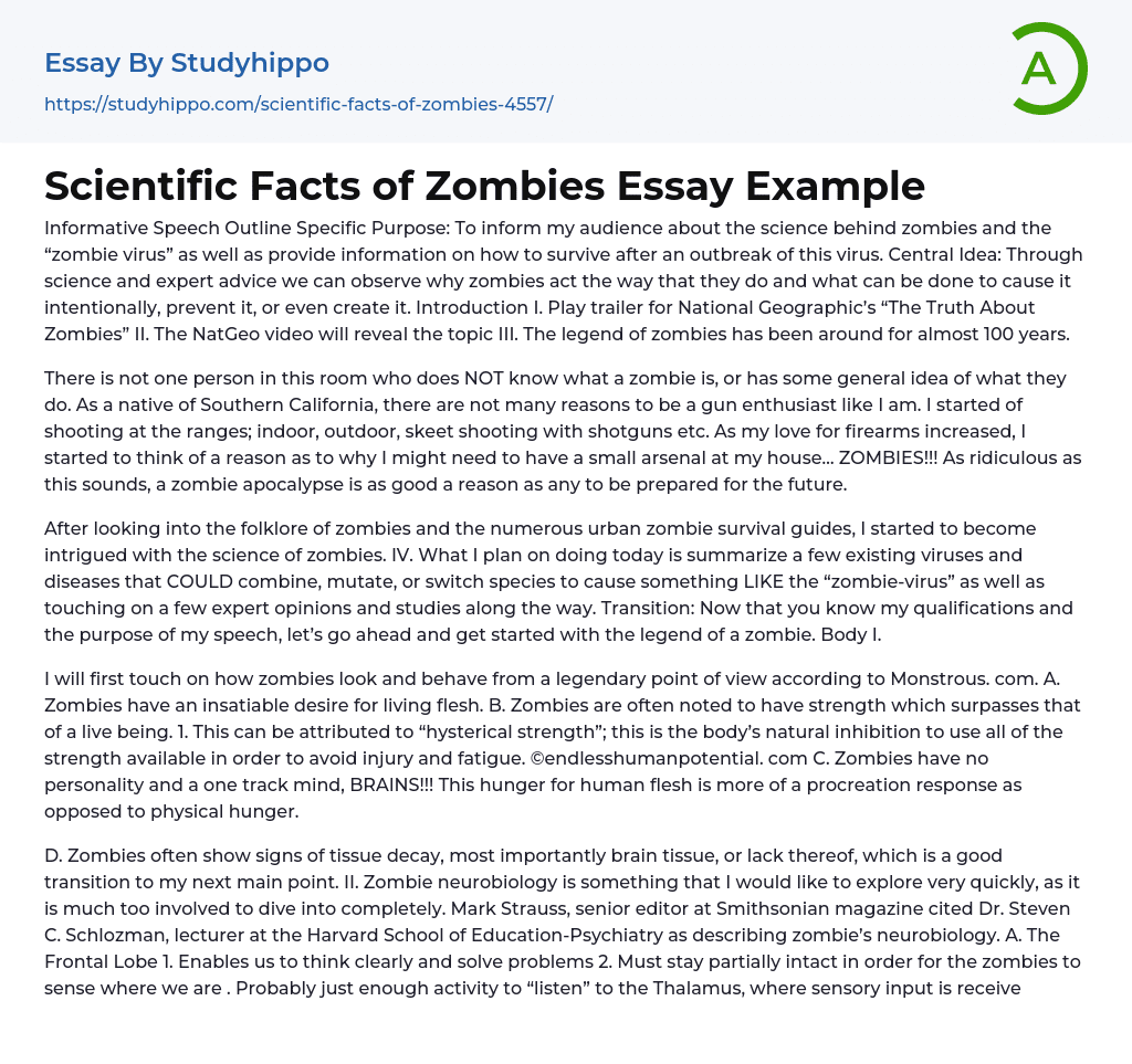 Scientific Facts of Zombies Essay Example