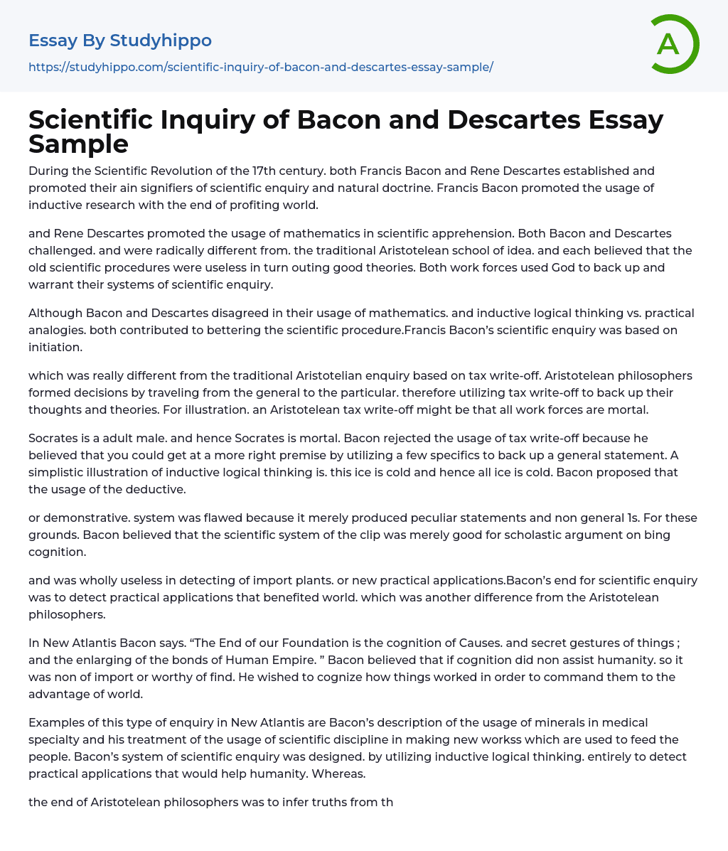 Scientific Inquiry of Bacon and Descartes Essay Sample