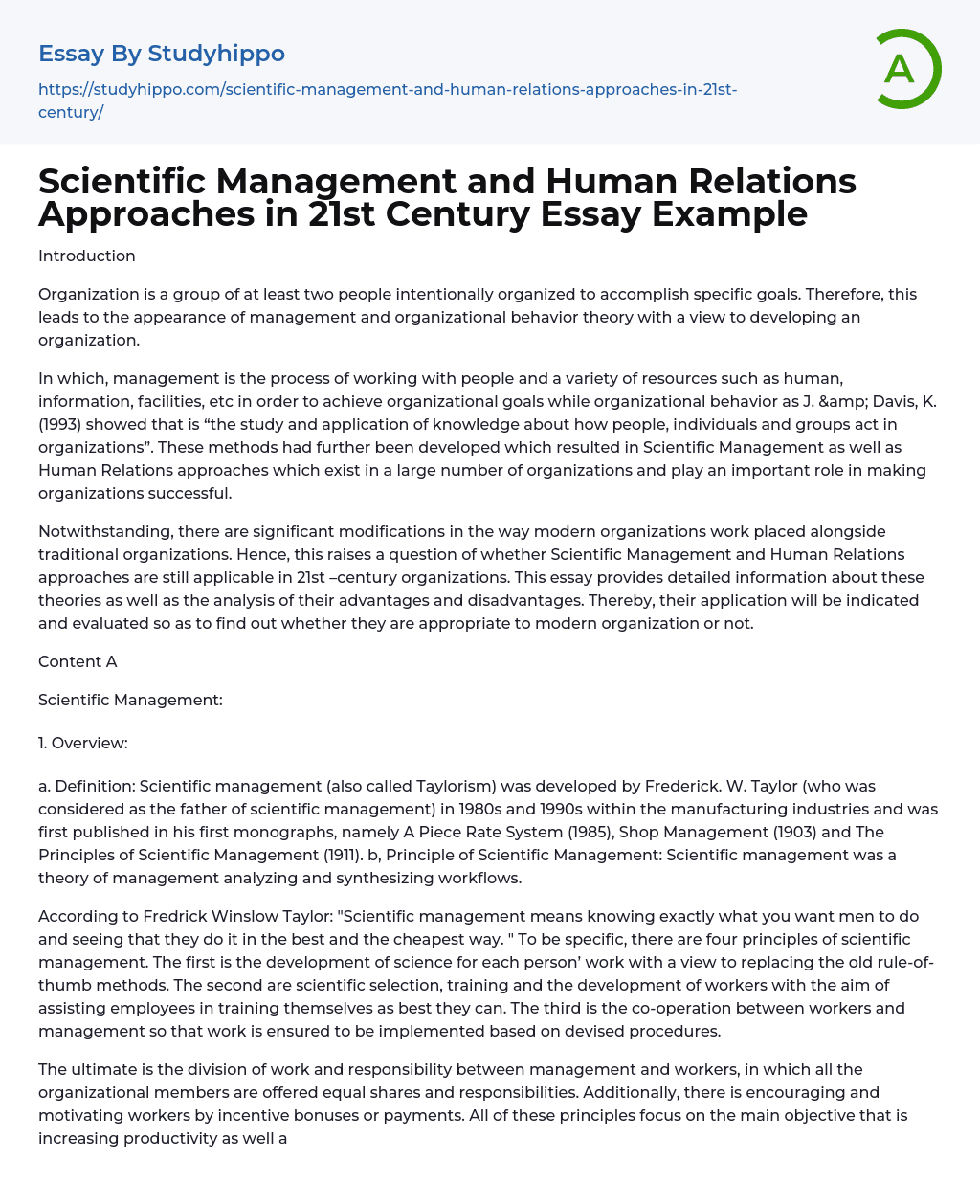 Scientific Management and Human Relations Approaches in 21st Century Essay Example